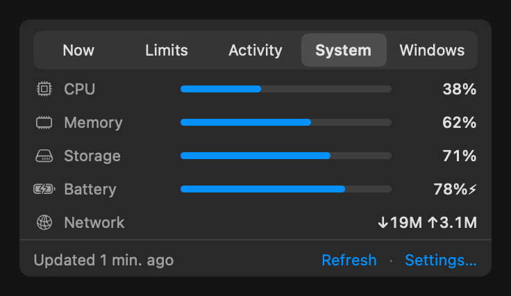 Orlim System view showing CPU, memory, storage, battery, and network readings.