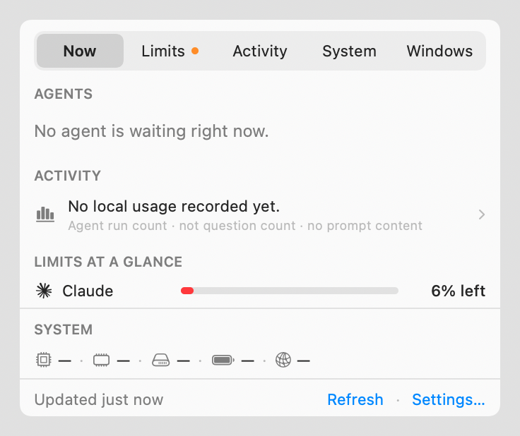 Orlim shows Claude with 6% remaining and marks the Limits tab for attention.